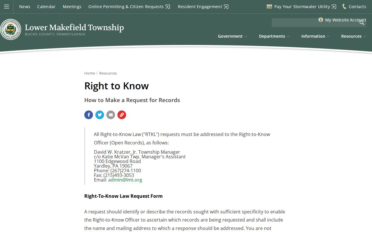Lower Makefield residents directory Right-to-Know request instructions